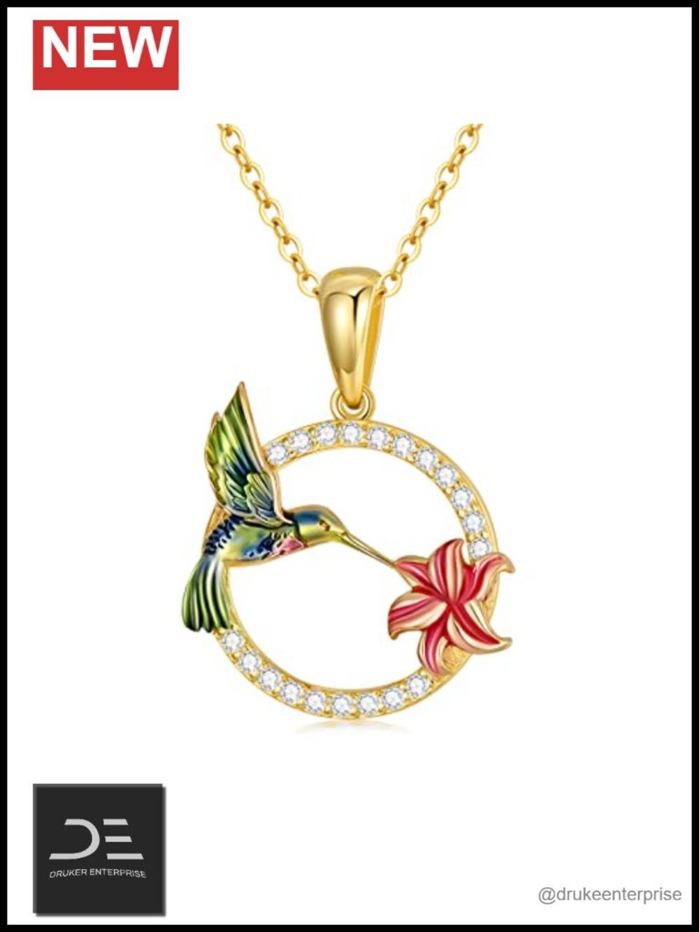 14K Yellow Gold Hummingbird Pendant Necklace with Cubic Zirconia, 16-18 Inch
